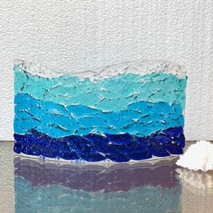 Ocean Wave Fused Glass Art: Curved Window Sill Decor