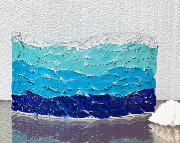 Ocean Curve Fused Glass Window Sill Art, Curved Ocean Glass Art, Ocean Waves Curve, Bringing the Outdoors In