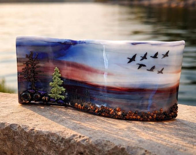 Water Landscape Fused Glass Art: Curved Shelf Decor, 10" x 4"