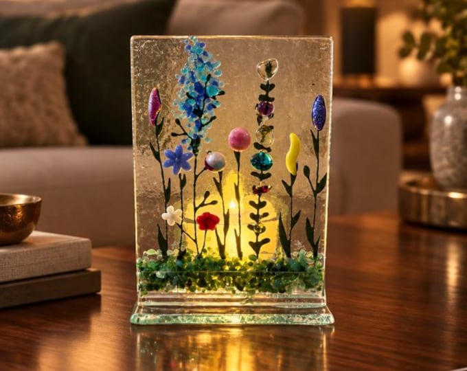 Fused Glass Wildflowers Tealight holder: Candle holder 2.5" x 3.5"