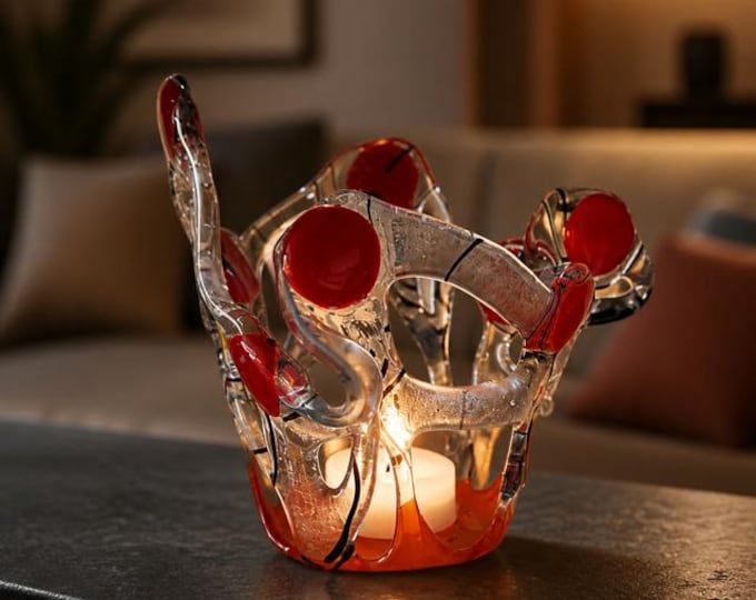 Freeform Glass Vase, Colorful Fused Glass Sculpture