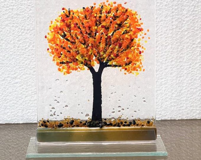 Autumn Tree Fused Glass Art, Fall Decor, Sun Catcher Window Light Catcher, Shelf Art, Windowsill Art