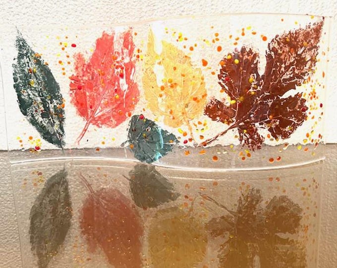 Fossilized Autumn Leaves Fused Glass Curved Window Art, Bringing the Outside In, Autumn Glass Art