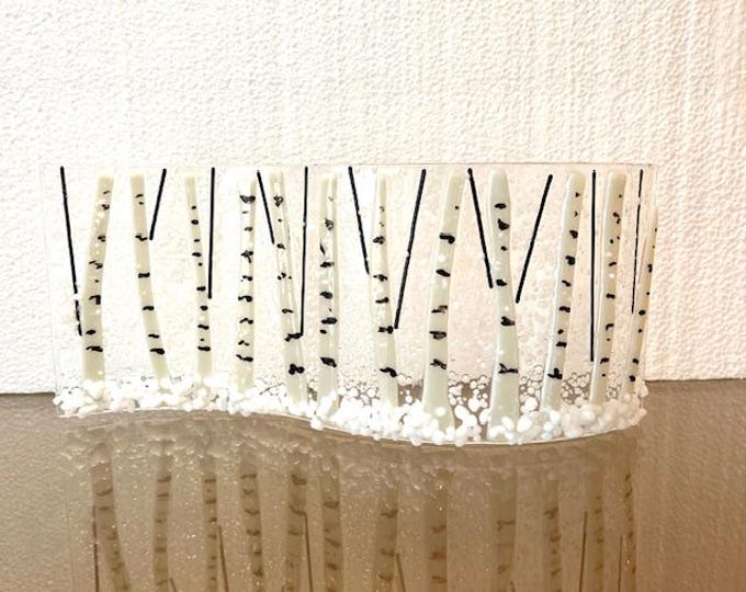 Fused Glass Aspen Tree in Winter Shelf Art: Winter Forest Sculpture (10" wide)
