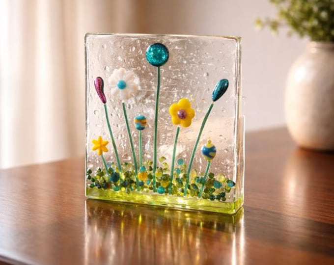 Tea Light Holder, Colorful Flower Fused Glass Candle Holder