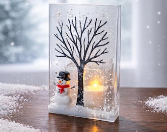 Fused Glass Winter Tree Candle Holder with Snowman