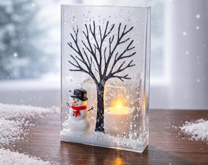 Fused Glass Winter Tree Candle Holder with Snowman