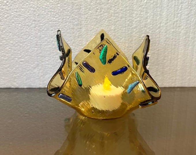 Fused Glass Tea Light Holder: Dichroic Amber Candle Votive