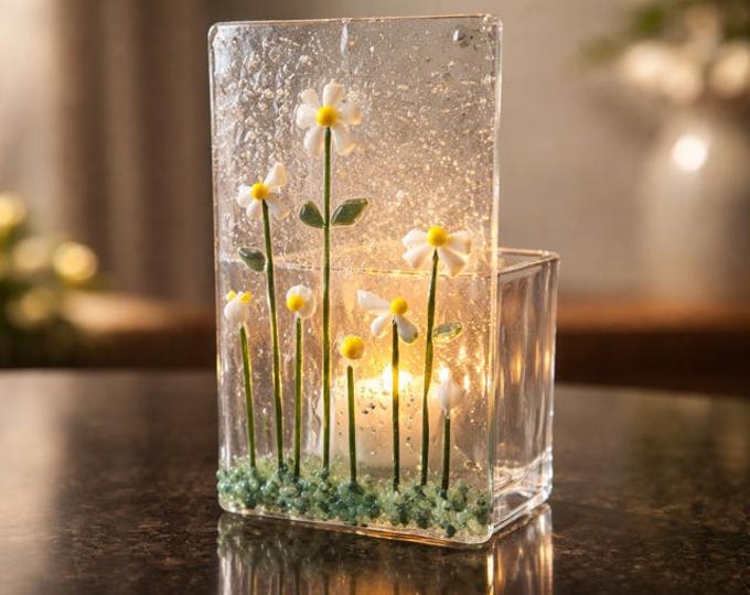 Fused Glass Daisy Tealight Holder: Handmade Flower Votive