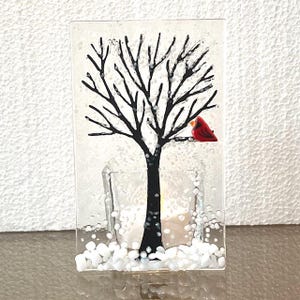 Fused Glass Winter Tree Candle Holder: Cardinal Tealight Votive