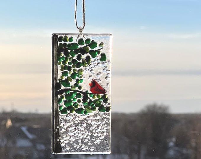 Cardinal Bird Sun Catcher, Red Bird Sun Catcher, Fused Glass Sun Catcher, Memorial Gift