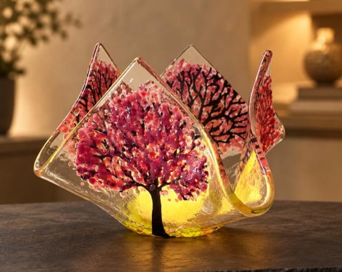 Fused Glass Cherry Blossoms Trees Votive Candle Holder