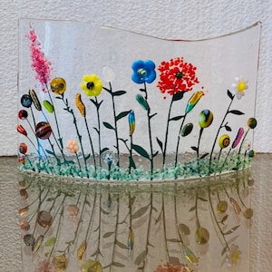 Flowery Meadow Curved Fused Glass Window Sill Art, Curved Flower Art, Wild Flowers Glass Curve, Bringing the Outdoors In