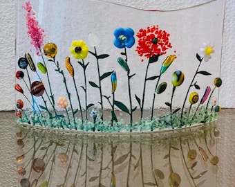 Flowery Meadow Curved Fused Glass Window Sill Art, Curved Flower Art, Wild Flowers Glass Curve, Bringing the Outdoors In
