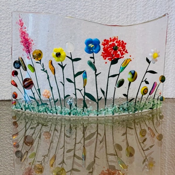 Flowery Meadow Curved Fused Glass Window Sill Art, Curved Flower Art, Wild Flowers Glass Curve, Bringing the Outdoors In