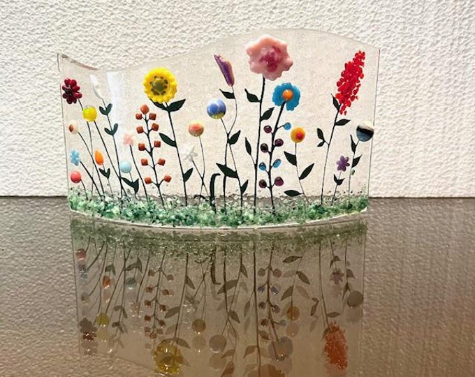 Flowery Meadow Curved Fused Glass Window Sill Art, Curved Flower Art, Wild Flowers Glass Curve, Bringing the Outdoors In