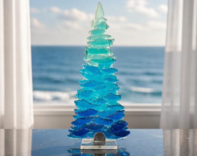 Fused Glass Coastal Tree, Beachy Blue Holiday Decor