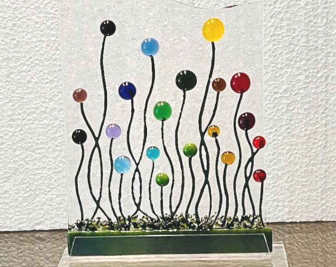 Rainbow Flower Garden, Everlasting Forever Flowers in Fused Glass, Field of Rainbow Flowers, Pet Memorial, Glass Art Flowers on Glass Stand