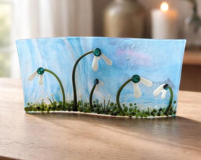 Fused Glass Snowdrop Flower Curved Art:  Shelf Art 10" x 4"