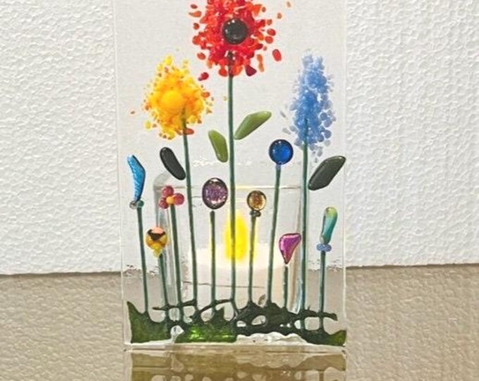 Fused Glass Wildflower Candle Holder, Flower Votive Holder, Flowering Garden Tealight Holder, Bringing the Outside In