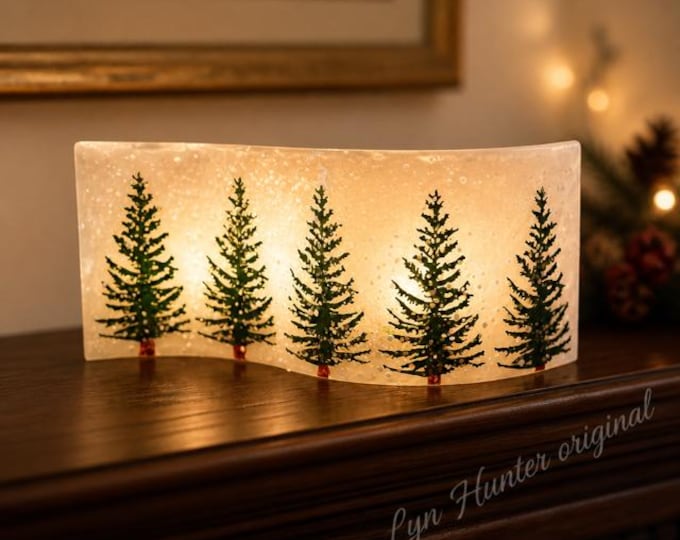 Winter Wonderland Glass Art: Curved Forest Scene, Shelf Decor (10x4")