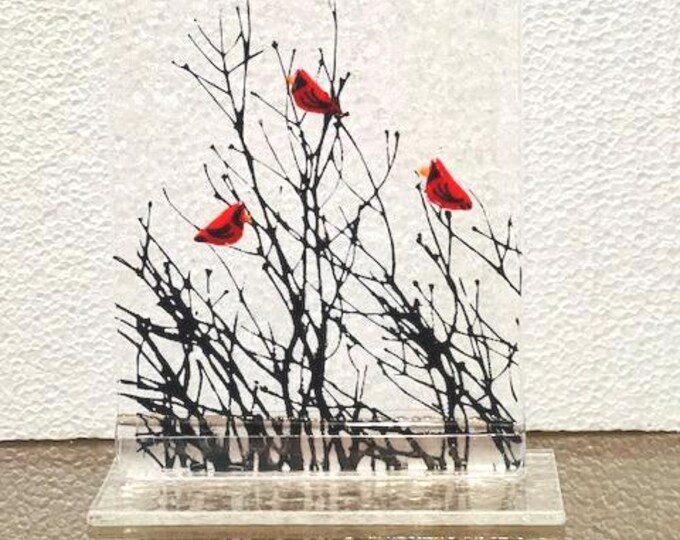Cardinals in Tree Fused Glass Art, Sun Catcher Window Light Catcher, Shelf Art, Holiday Decor. Windowsill Art, Red Birds