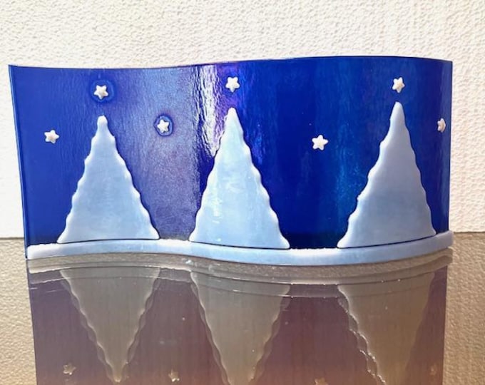 Fused Glass Curved Starry Nights on Iridescent Glass, Winter Night Scene, Windowsill Art