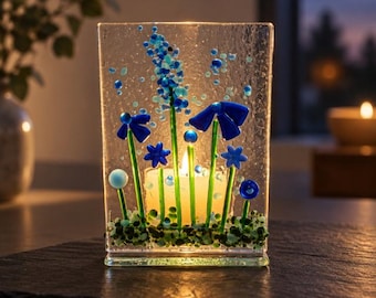 Fused Glass Blue Flowers Tealight holder: Candle holder 2.5" x 3.5"