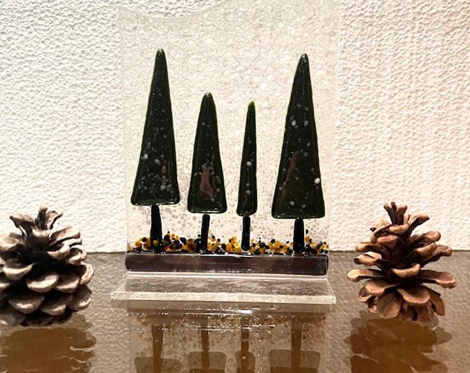 Fused Glass Skinny Tress in Winter:  Winter Decor, Windowsill Art
