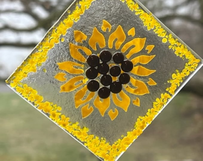 Fused Glass Sunflower Suncatcher, Glass Window Decoration, Flower Suncatcher