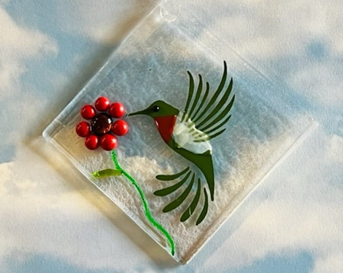 Hummingbird and Flower Fused Glass Suncatcher, Hummingbird Suncatcher, Bird and Flower Suncatcher