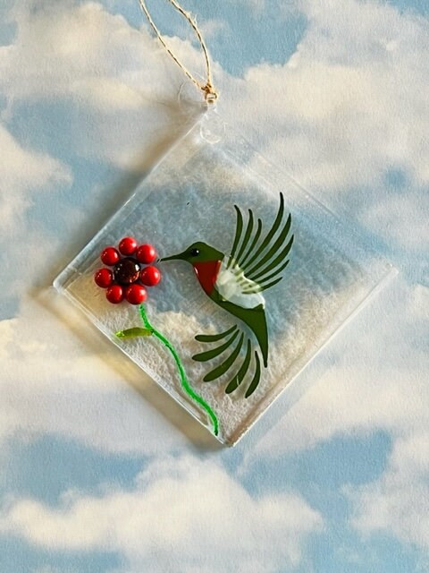 Hummingbird and Flower Fused Glass Suncatcher, Hummingbird Suncatcher, Bird  and Flower Suncatcher