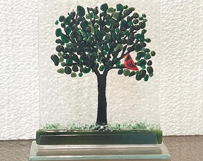 Summer Tree Fused Glass Art with Cardinal, Winter Decor, Sun Catcher Window Light Catcher, Shelf Art,  Windowsill Art