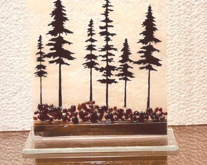 Northwoods Fused Glass Shelf Art, Bringing the Outdoors In, Light Catcher, Table Art, Home Decor, Up North Tree Scene