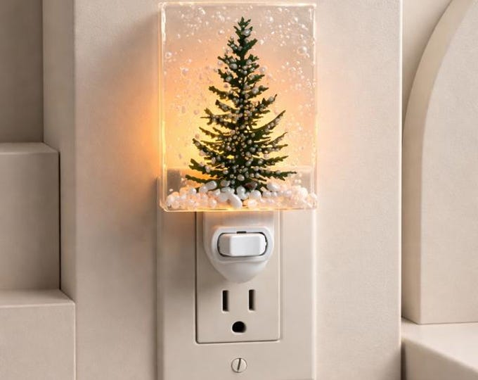 Winter Evergreen Tree Fused Glass Night Light: Nature Inspired Accent Light