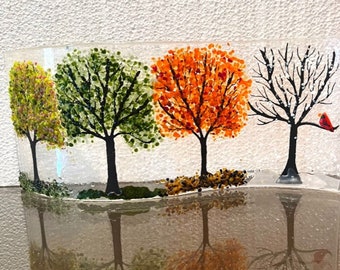 SEASONS.  Winter, Spring, Summer and Fall.  Curved Fused Glass Shelf Art, Home Decor, Window Sill Art, Bringing the Outdoors In
