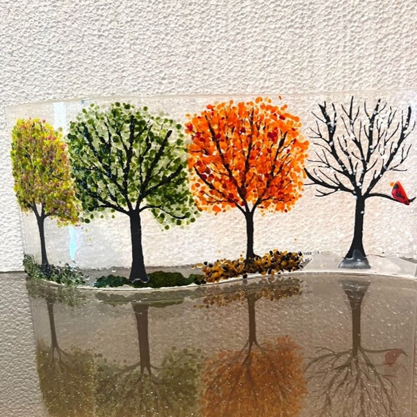 SEASONS.  Winter, Spring, Summer and Fall.  Curved Fused Glass Shelf Art, Home Decor, Window Sill Art, Bringing the Outdoors In