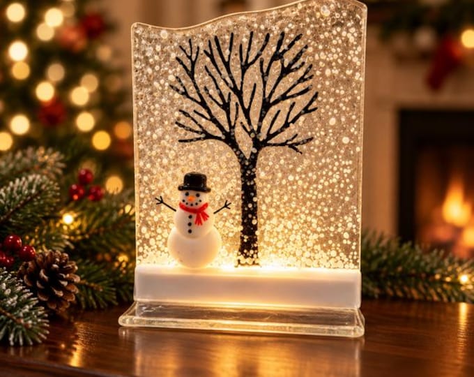 Fused Glass Winter Tree with Snowman: Holiday Decor, Windowsill Art