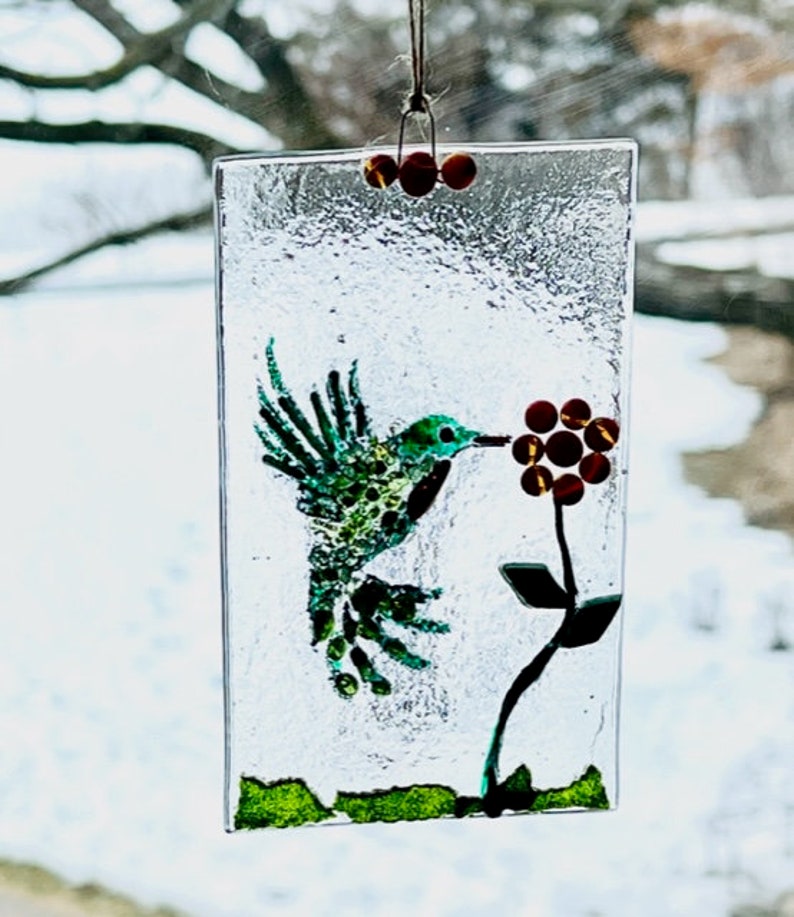 Hummingbird and Flower Fused Glass Suncatcher Hummingbird Etsy