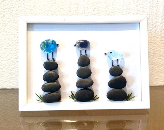 Framed fused glass Seabirds  on rock cairn, Beach Theme, Whimsical Birds, Table and Shelf Art, Small Beach Art Birds and Stones