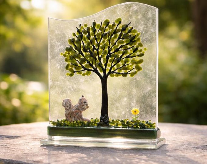 Fused Glass Squirrel under Tree:  Squirrel Decor, Windowsill Art