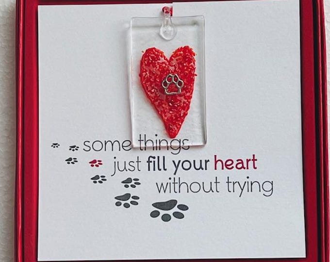 Fused Glass Dainty Sun Catcher, All-in-one gift, Pet Love, Heart and Paw Print, Red Box Gift