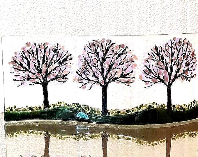 Jacaranda Trees Fused Glass Curved Sculpture, Window Sill Art, Purple Trees Glass Art, Bringing the Outdoors In