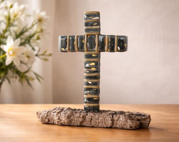 Fused Glass Cross Sculpture on Driftwood Base, Christian Home Décor