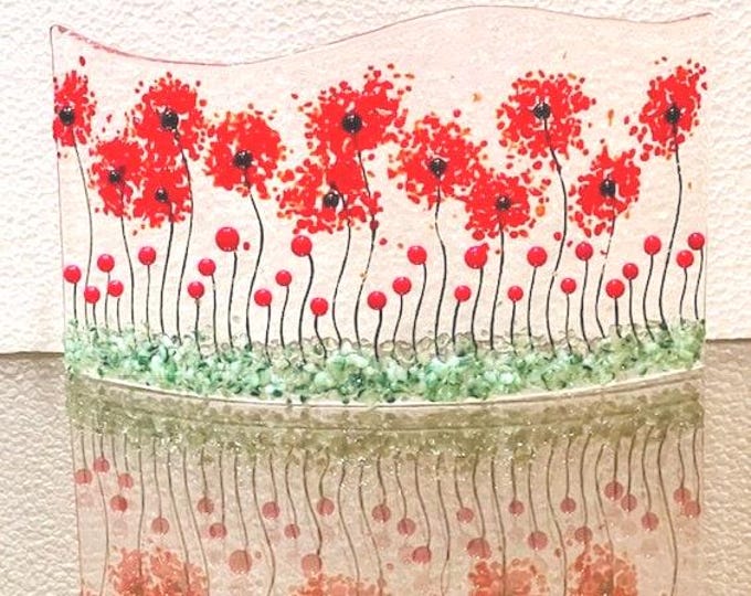 Poppy Fields Curved Fused Glass Window Sill Art, Curved Flower Art, Poppies Glass Curve, Bringing the Outdoors In