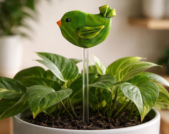 Fused Glass Bird Plant Stake: Whimsical Planter Decor