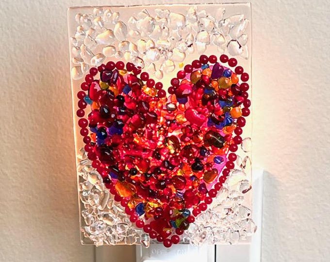 Colorful Heart Night Light, Fused Glass Night Light, Heart Night Light, Glass Night Light, Love Night Light