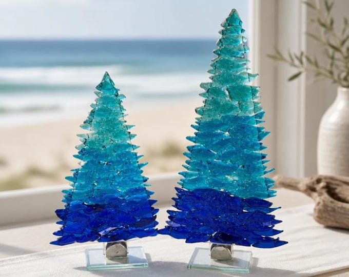 Fused Glass Coastal Trees, Set of two trees, 8" and 6" size, Beachy Blue Holiday Decor