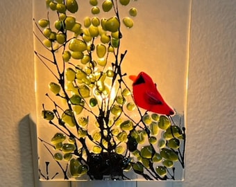 Cardinal Night Light, Fused Glass Night Light, Bird Night Light, Glass Night Light, Bringing the Outdoors In