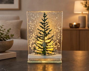 Fused Glass Evergreen Tree Tealight holder: Candle holder 2.5" x 3.5"